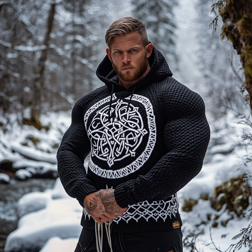 Men's Viking Tribal Jacquard Celtic Inspired Chunky Knit Hooded Sweater elevenforest