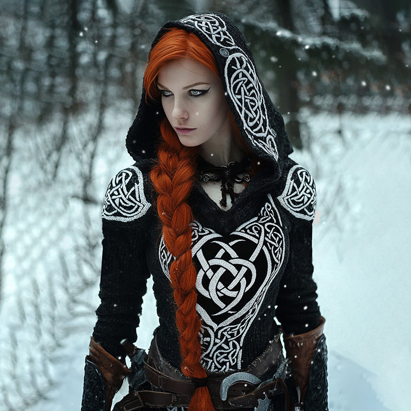 Viking Runes Inspired Celtic Knot Jacquard Hooded Sweater(accessories Not Included) artswardrobe