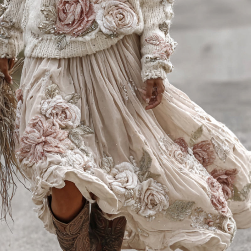 Classic Rose Art Cozy Knit Turtleneck Sweater And Linen Skirt Two-piece Set elevenforest