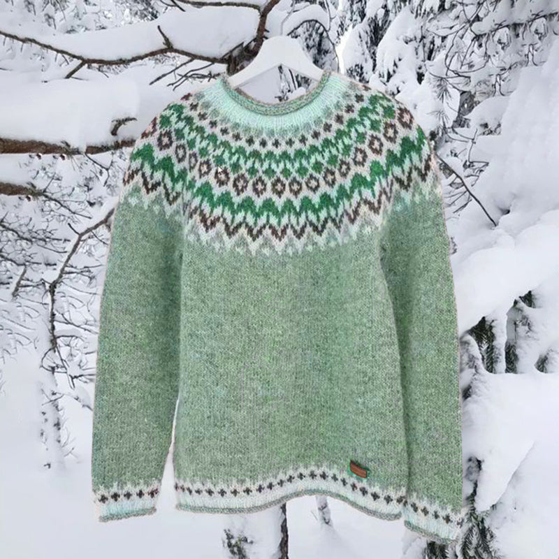 Vintage Icelandic Knit Jacquard Islender Crew Neck Sweater(Unisex) elevenforest
