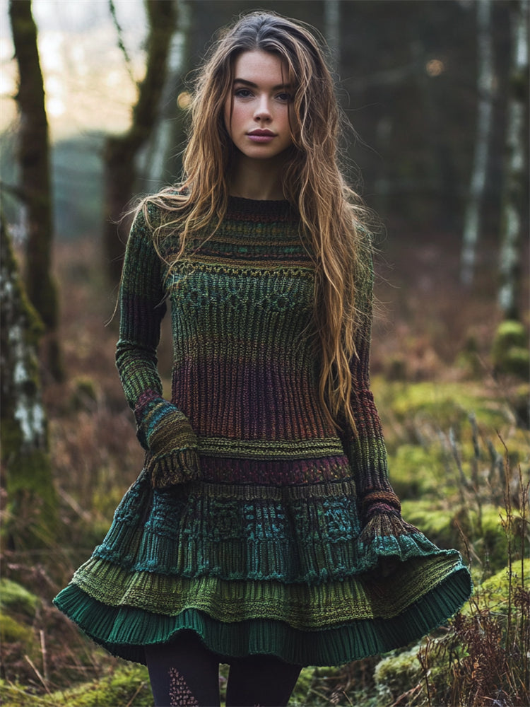 Colorful Layered Patchwork Cozy Knit Flare Sweater Midi Dress artswardrobe