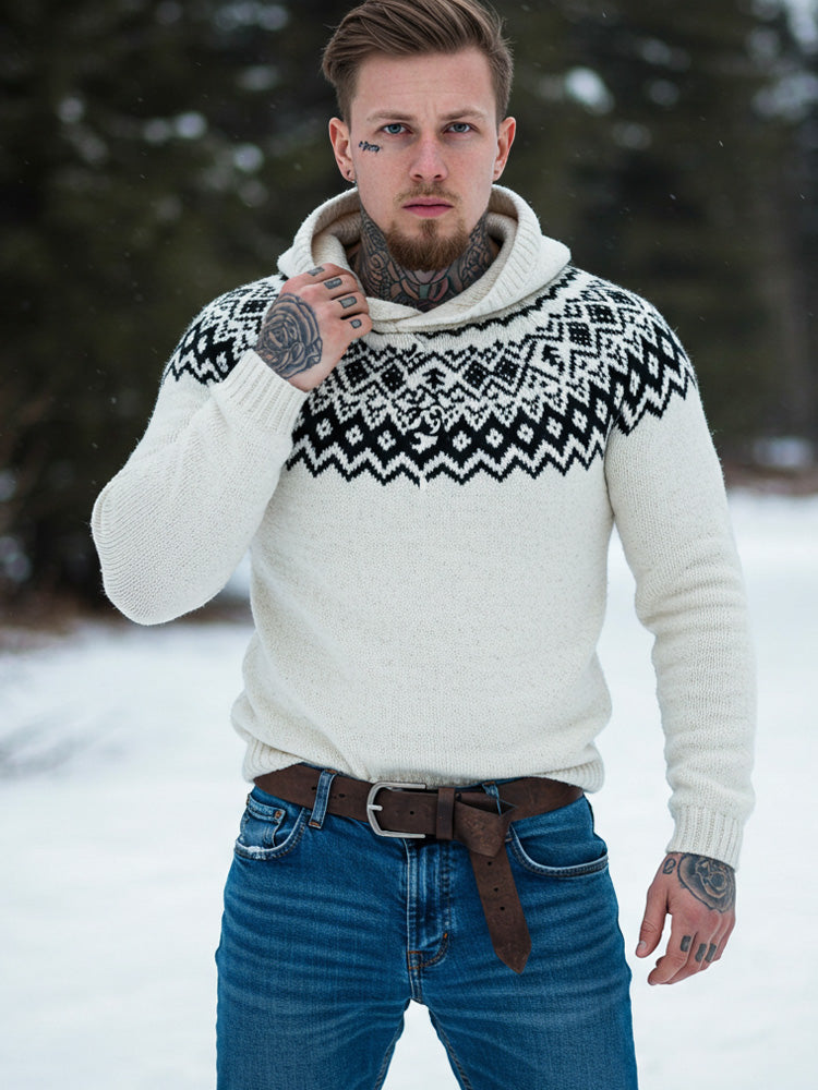 Men's Vintage Viking Inspired Celtic Jacquard Hooded Sweater elevenforest