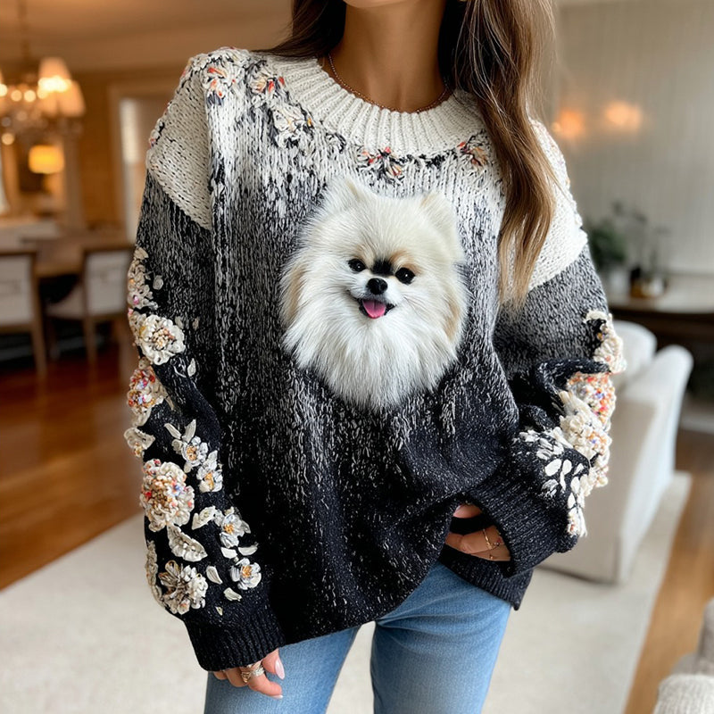 Fluffy Puppy Pomeranian Floral Gradient Cozy Knit Sweater elevenforest