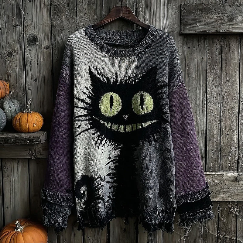 Halloween Black Cat Contrast Knitted Warm Crew Neck Sweater elevenforest