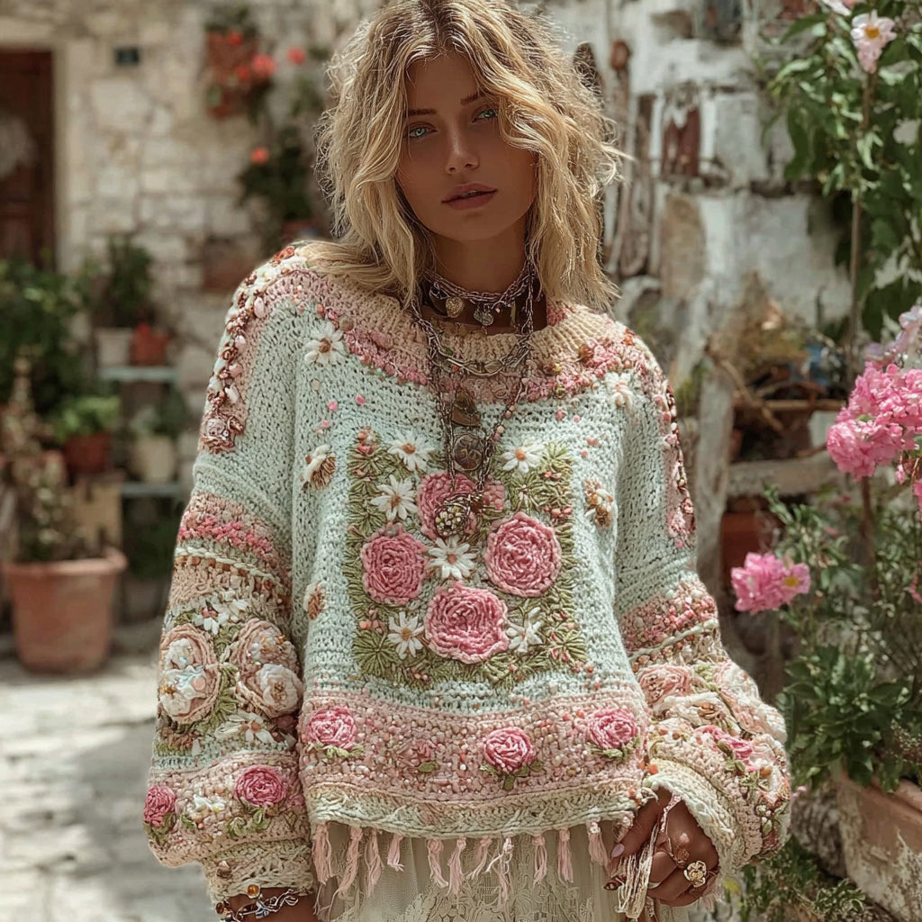 Women's Boho Chunky Knit Crochet Floral Round Collar Sweater elevenforest