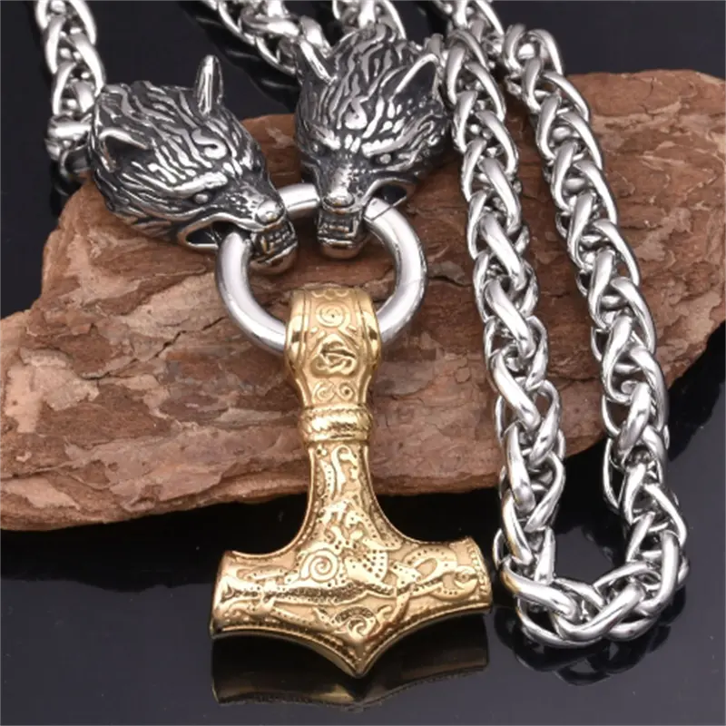 Nordic Zinc Alloy Viking Wolf Head and Hammer Pendant Necklace
