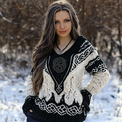 Women's Viking Rune Knit Jacquard V-neck Sweater artswardrobe