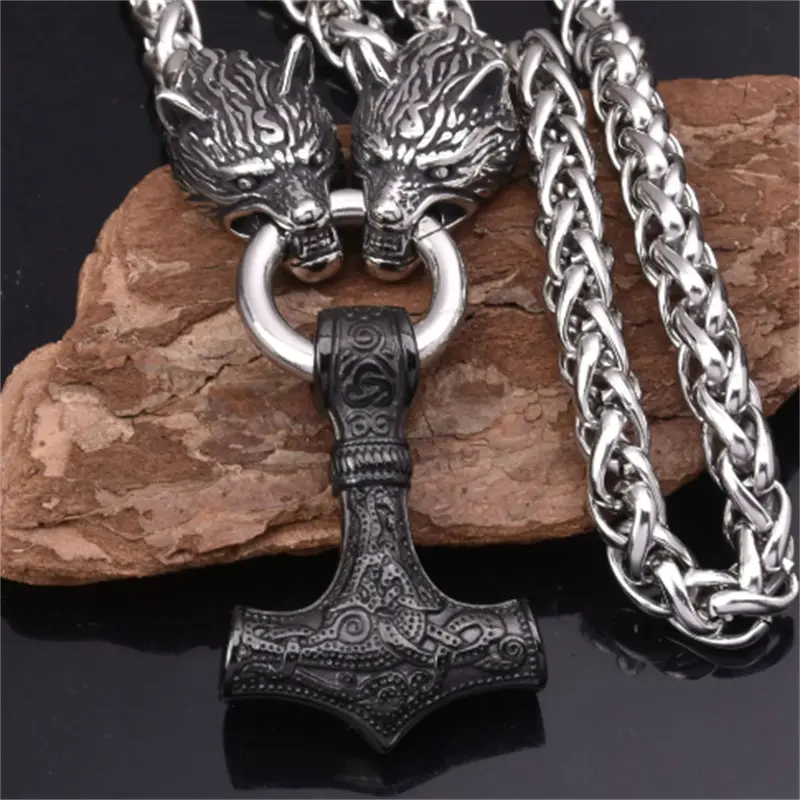 Nordic Zinc Alloy Viking Wolf Head and Hammer Pendant Necklace