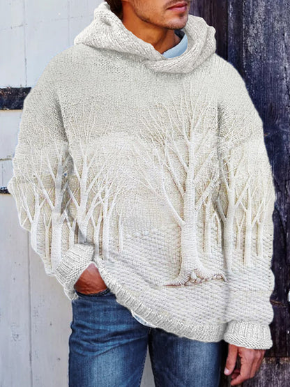 Men's Winter Forest Landscape Crochet Cozy Hooded Sweater elevenforest