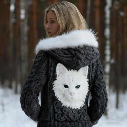Comstylish Viking Retro Cat Design Women's Hooded Knit Sweater Jacket