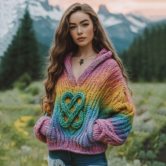 Women's Irish Rainbow Pattern Jacquard Pocket Cozy Hooded Sweater elevenforest