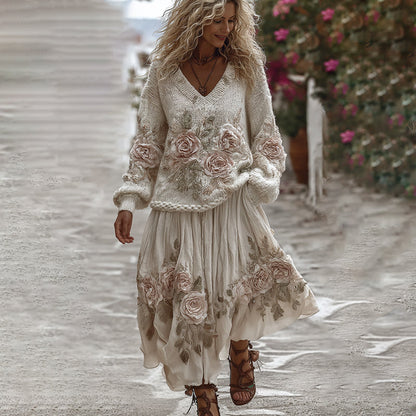 Classic Rose Art Cozy Knit V Neck Sweater And Linen Skirt Two-piece Set artswardrobe