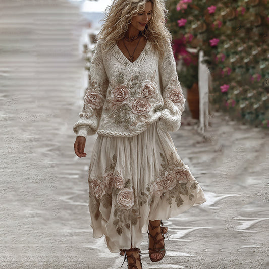 Classic Rose Art Cozy Knit V Neck Sweater And Linen Skirt Two-piece Set artswardrobe