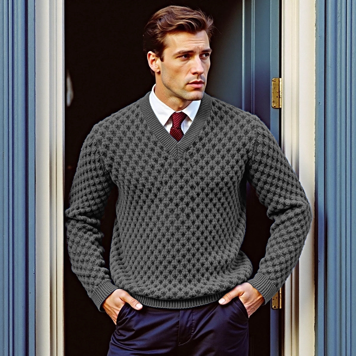 Men'S Waffle Jacquard British V-Neck Sweater artswardrobe