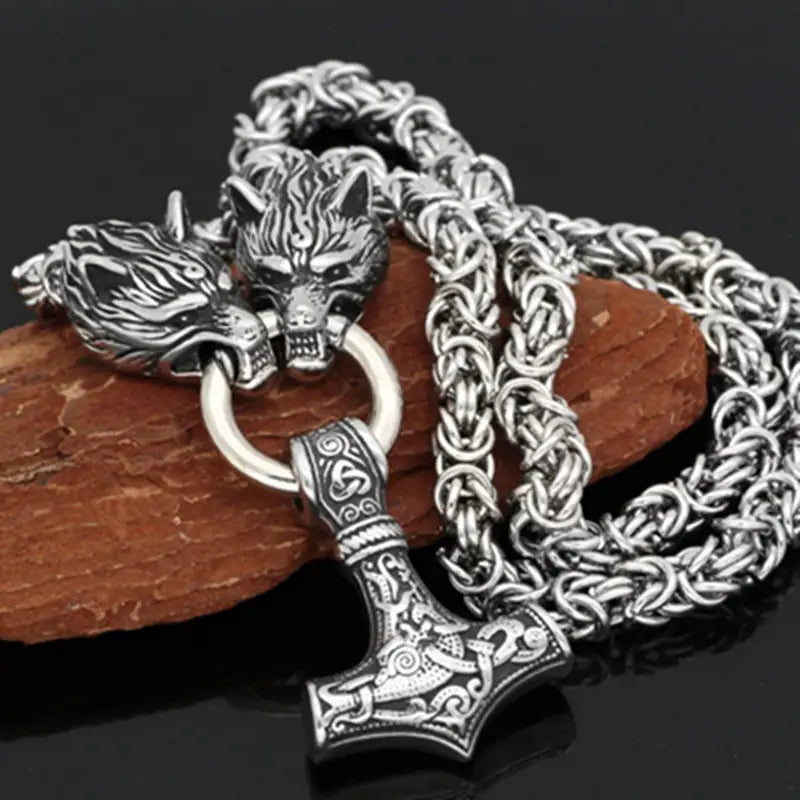 Nordic Zinc Alloy Viking Wolf Head and Hammer Pendant Necklace