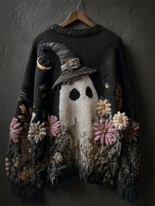 Comstylish Halloween Lovely Witch Hat Ghost Floral Cozy Knit Sweater