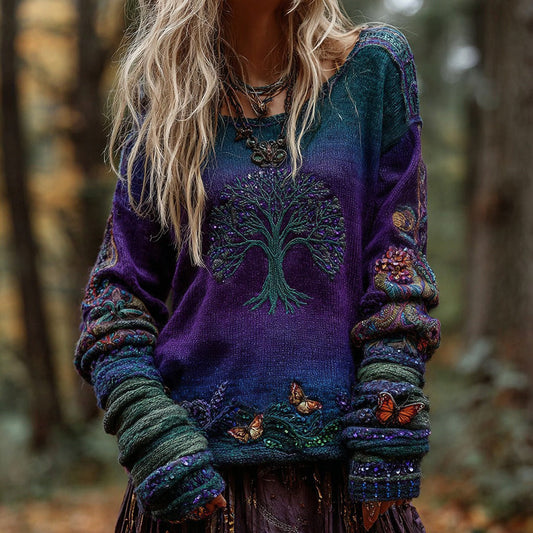 Women's Vintage Life Of Tree Knit Crew Neck Sweater elevenforest