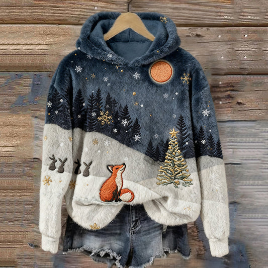 Forest Snow Fox Christmas Tree Plush Hooded Sweater
