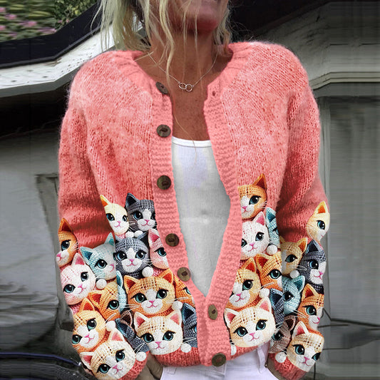 Vintage Cute Cat Art Print Cozy Button Sweater elevenforest