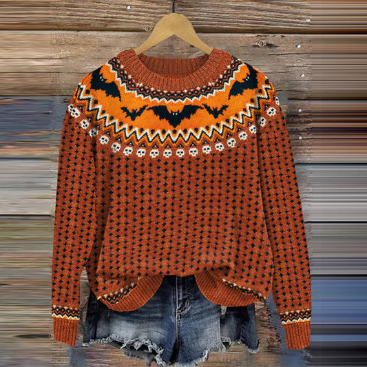 Halloween Bat Print Knitted Pullover Sweater artswardrobe