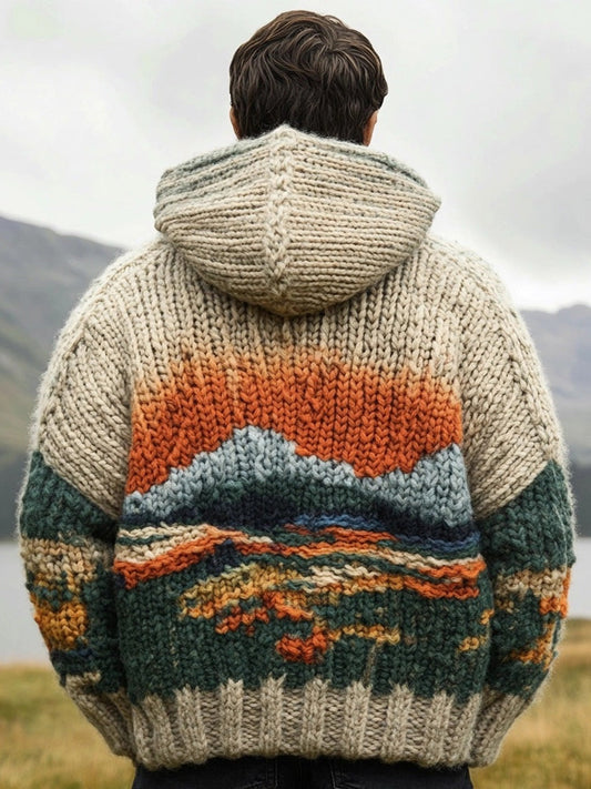 Men's Scotland Landscape Knit Cozy Chunky Hooded Sweater artswardrobe