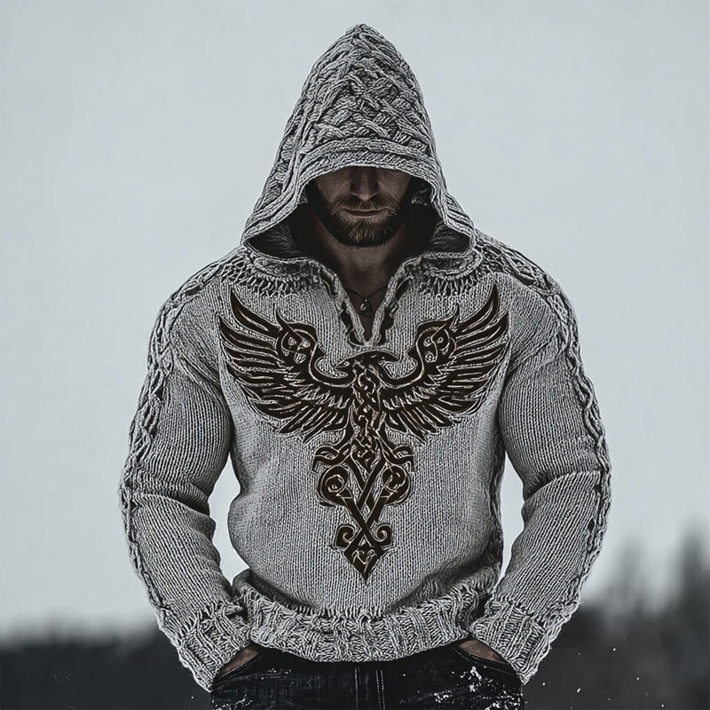 Men's Viking Valhalla Eagle Embroidered Cozy Hooded Sweater elevenforest
