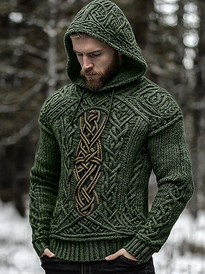Men's Viking Jacquard Celtic Inspired Cozy Knit Hooded Sweater artswardrobe