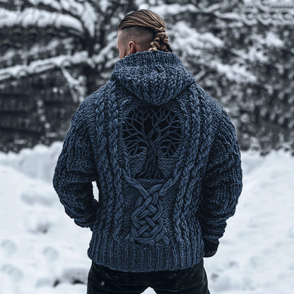 Men's Viking Tribal Tree Of Life Celtic Chunky Knit Hooded Sweater artswardrobe
