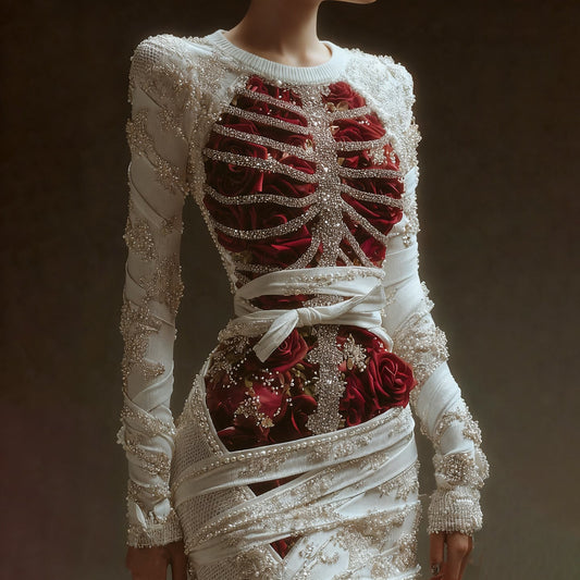 Comstylish Women's Vintage Skeleton Bones With Rose Art Cozy Knit Mini Sweater Dress