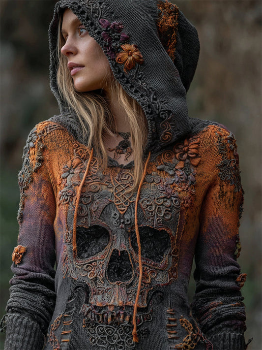 Halloween Skull Floral Celtic Gradient Knit Hooded Sweater artswardrobe