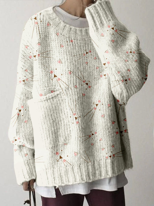Comstylish Lovely Kitty Faces Pattern Big Pocket Cozy Sweater