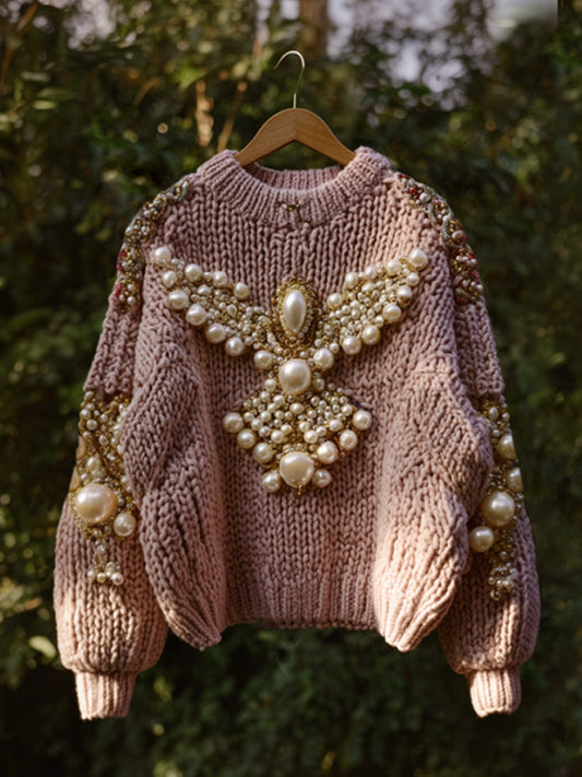 Christmas Angel Embroidered Pearl Crew Neck Sweater artswardrobe