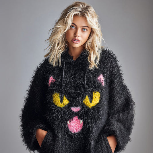 Comstylish Women's National Black Cat Day Cute Cat Art Knitted Fuzzy Hooded Sweater