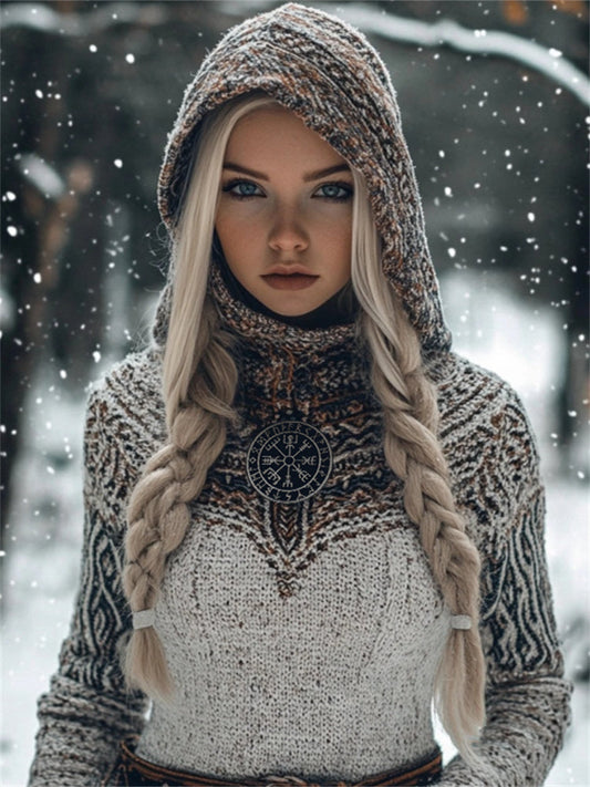 Viking Vegvisir Tribal Contrast Cozy Hooded Sweater elevenforest