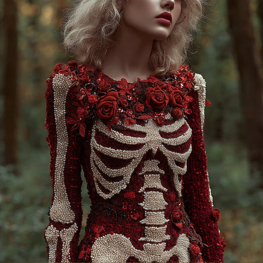 Comstylish Women's Halloween Skeleton Wild Rose Sparkle Knitted Round Neck Sweater