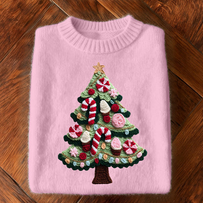 Cute Crochet Christmas Tree Embroidered Cozy Knit Sweater artswardrobe
