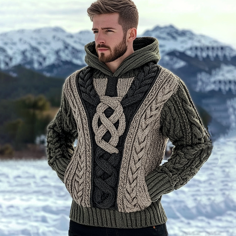 Irish Celtic Jacquard Contrasting Cozy Knit Hooded Sweater elevenforest