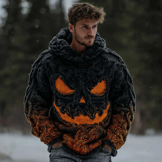 Men's Halloween Spooky Face Gradient Inspired Knitted Cozy Hooded Sweater artswardrobe