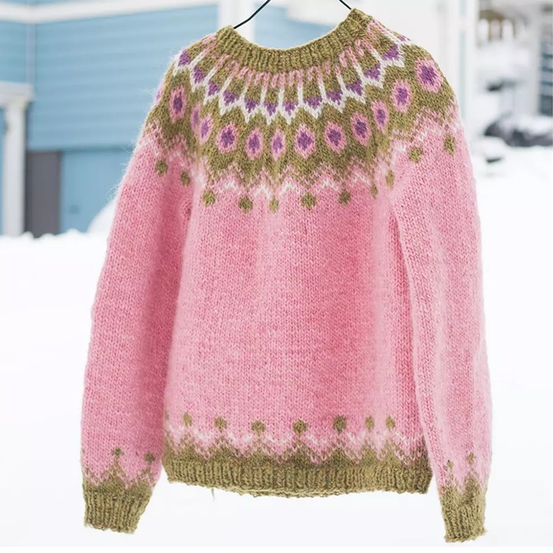 Unisex Vintage Icelandic Pink Knit Jacquard Warmth Crew Neck Sweater elevenforest