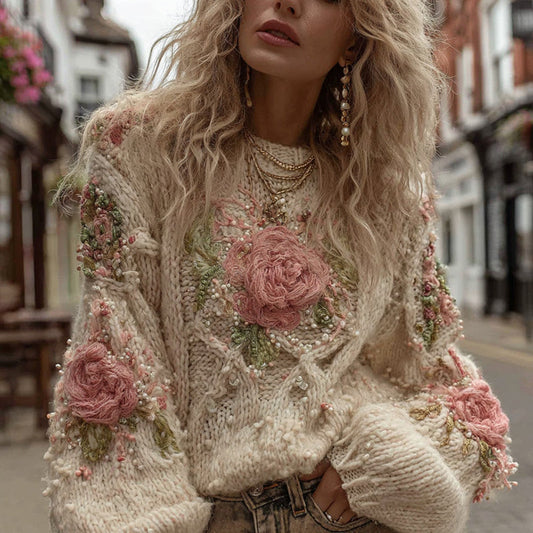 Women's Vintage Rose Floral Chunky Knit Warm Crew Neck Sweater artswardrobe