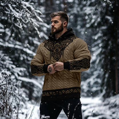 Men's Viking Tribal Jacquard Celtic Inspired Chunky Knit Hooded Sweater artswardrobe