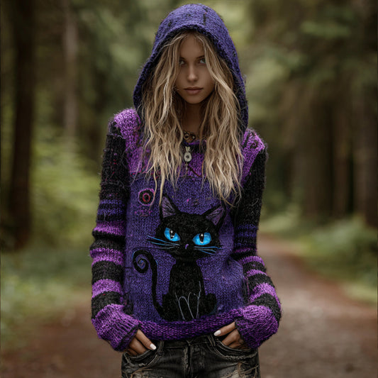 Women's Halloween Little Black Cat Pattern Dirty Color Vintage Hooded Sweater artswardrobe