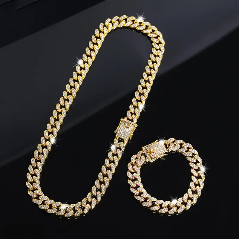 2pcs Cuban Link Chain Necklace & Bracelet Set – Hip-hop Jewelry