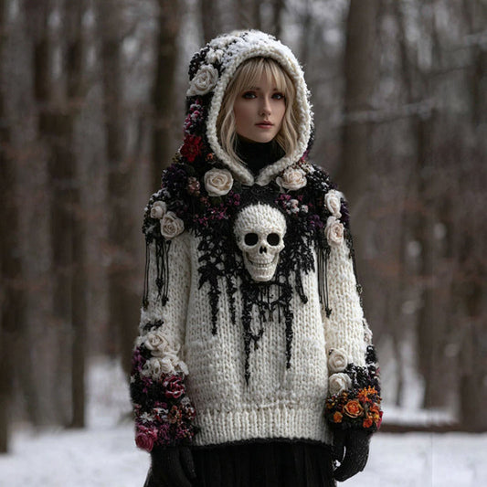 Women's Vintage Rose And Skull Patchwork Knit Hooded Sweater artswardrobe