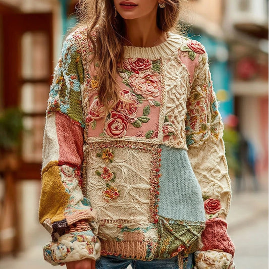 Women's Vintage Chunky Needle Rose Floral Stitching Warm Crew Neck Sweater artswardrobe