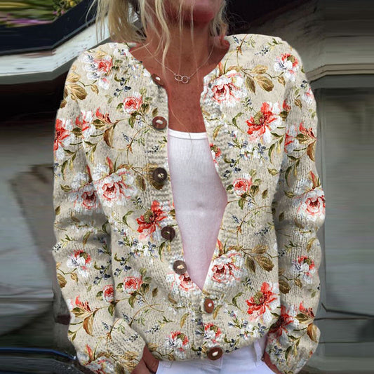 Vintage Tribal Floral Art Print Knit Button Sweater elevenforest