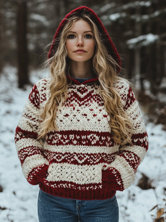 Women's Vintage Viking Valentine's Day Love Jacquard Hooded Sweater artswardrobe