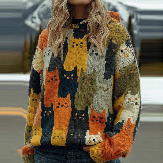 Comstylish Cute Colorful Cats Pattern Art Cozy Knit Hooded Sweater