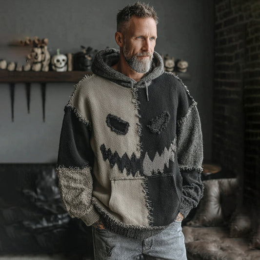 Men's Halloween Spooky Face Colorblock Stitched Hooded Cozy Knit Sweater artswardrobe