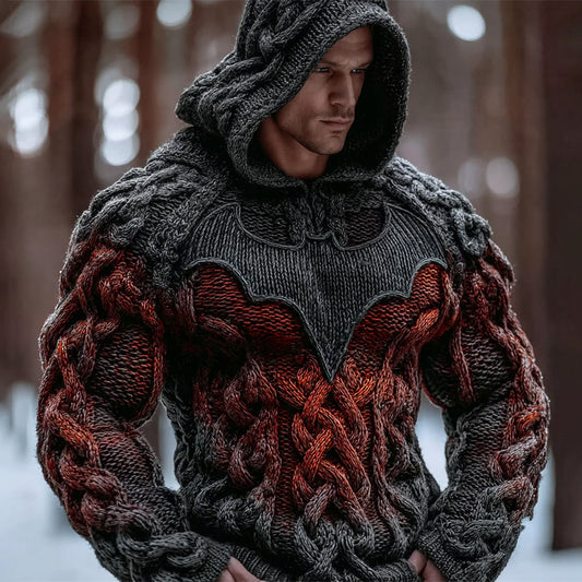 Halloween Flame Bat Men's Chunky Knit Hooded Sweater artswardrobe